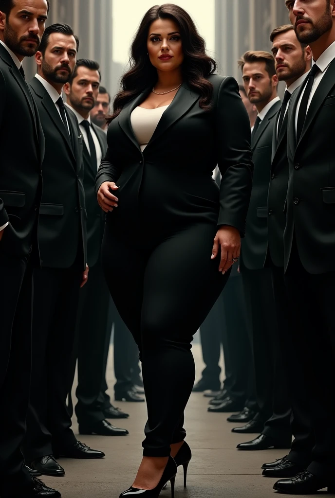 curvy mature woman sitting on luxury chair, wearing black suits and white shirts and black shoes, in the room of Mafia Boss