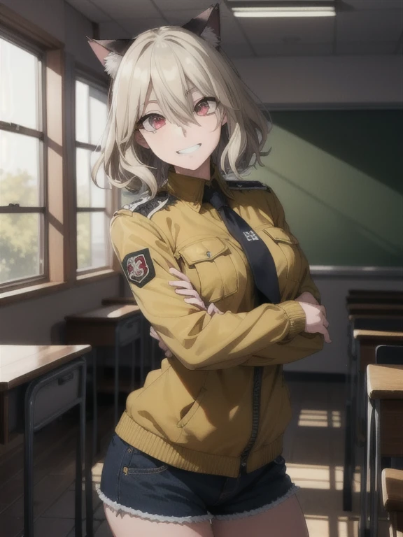 (red eyes:1.5), animal ears, hair between eyes, tail, blonde hair, HUSchrödinger, boy, Black cat ears, Yellow military uniform, tie, cat tail, curly hair, long sleeves, shorts, looking at viewer,indoors, classroom, (cowboy shot:1.5),
(masterpiece:1.2), best quality, high resolution, unity 8k wallpaper, (illustration:0.8), (beautiful detailed eyes:1.6), extremely detailed face, perfect lighting, extremely detailed CG, (perfect hands, perfect anatomy),grin,