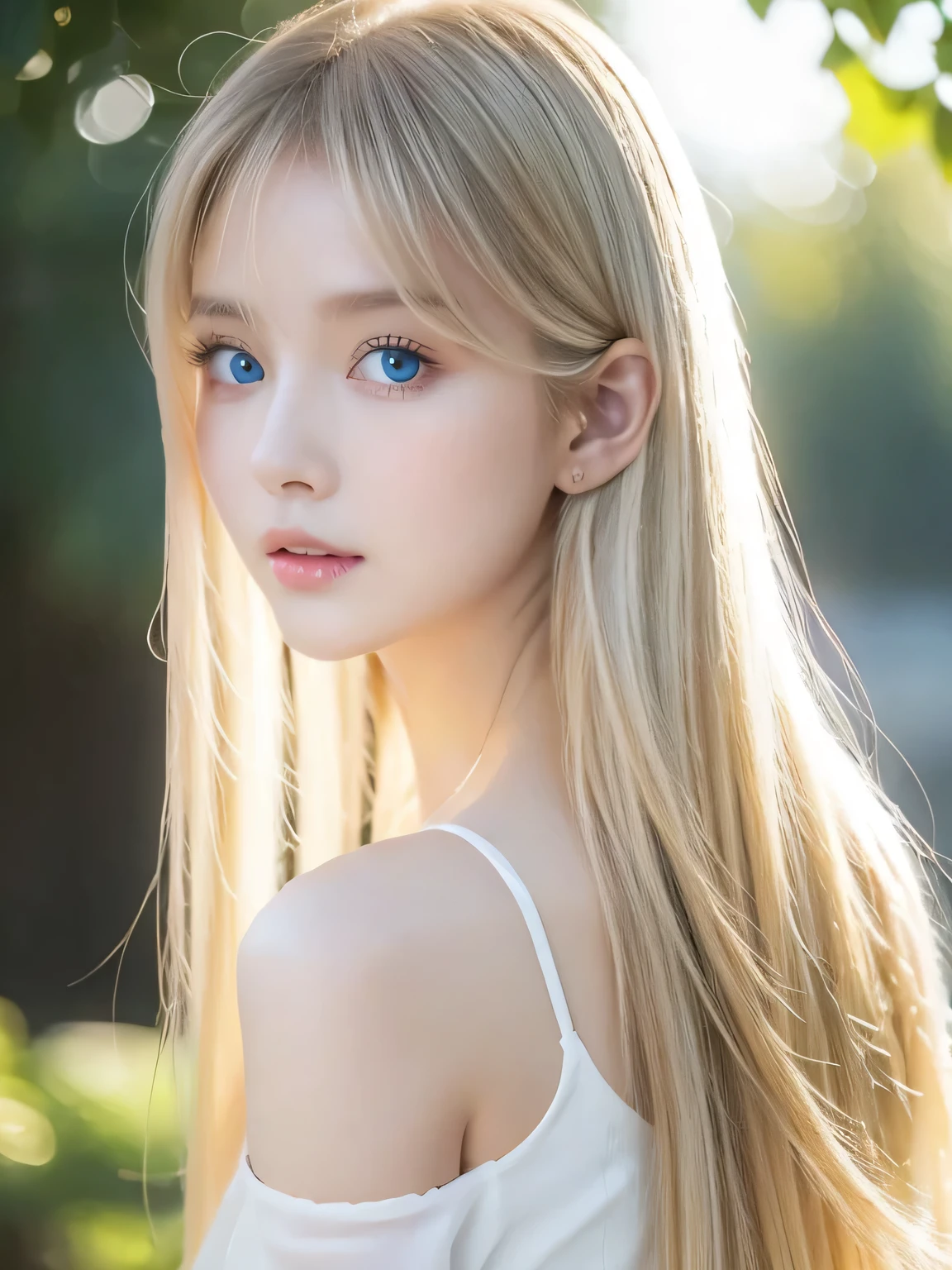 One beautiful girl、Portrait、、blue sky、bright and beautiful babyface、young, super Very white shiny skin、The best beauty、Super long blonde hair with dazzling light reflections、Beautiful natural platinum blonde super long silky straight hair、long bangs between the eyes,、Extraordinarily beautiful 1、Large, shining, clear, light blue eyes、Very big eyes、Small Face Girl、round face、Cheek gloss highlight