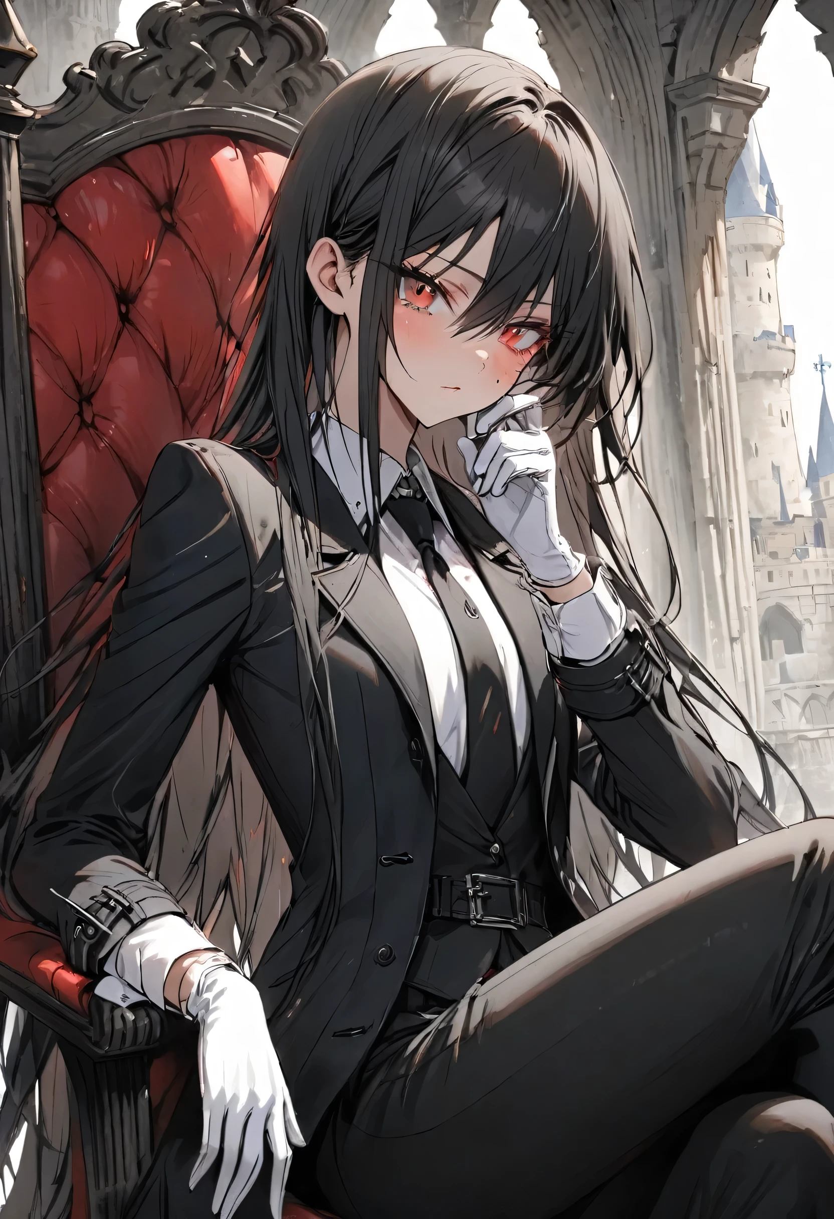 Anime girl sitting on a red chair with a black and white outfit - SeaArt AI