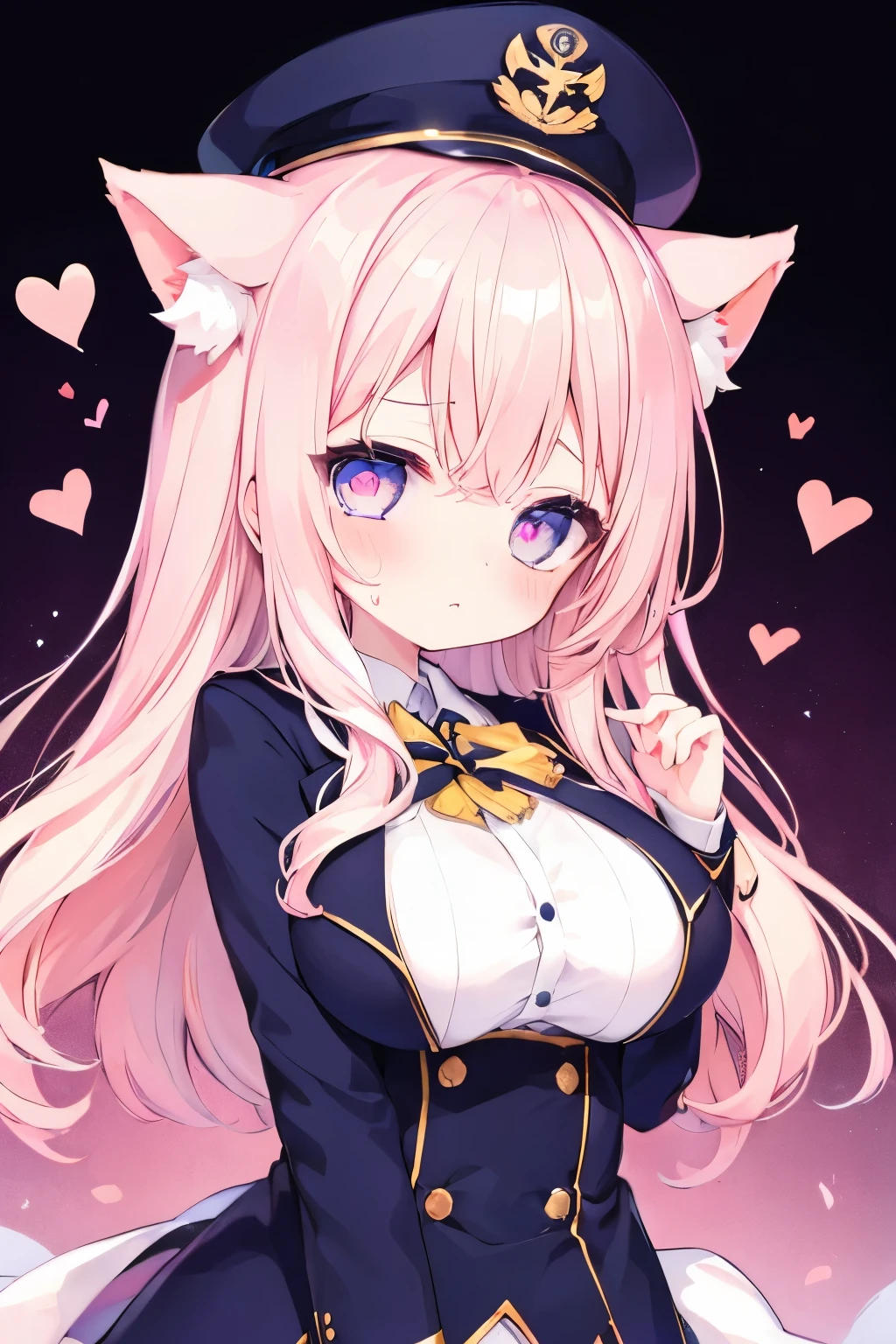 Navy Uniform、Elementary school girl、Light pink hair,Very beautiful and Shining Eyes、Shining Eyes、1 girl、Large Breasts、cat ears、((((()))))、heart❤、((sweat、vapor)）