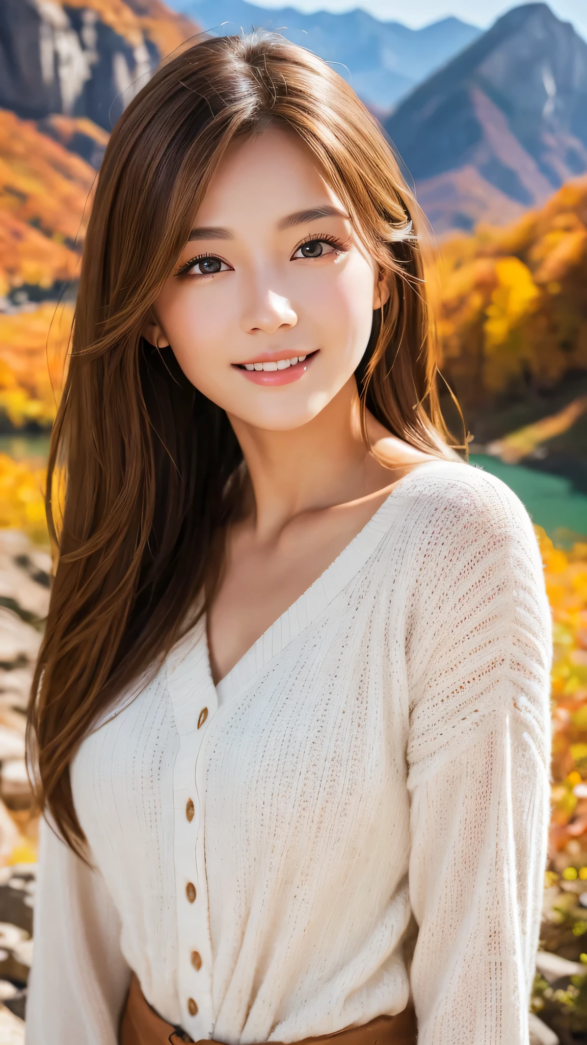 ((masterpiece: 1.4, highest quality))+,((highest quality)), ((masterpiece)), (detailed), whole body、wallpaper、Attention to detail、Perfect balance、Tight waist、Smiling Kindly、Light brown hair、beautiful, Beautiful Skin、Fine skin、Russian Beauty、(masterpiece:1.3), Best image quality: 1.4, (Rough hairstyles:1.2)、Cleavage:1.4、Loose, lightweight knitwear、Shoulder、Walking in the woods