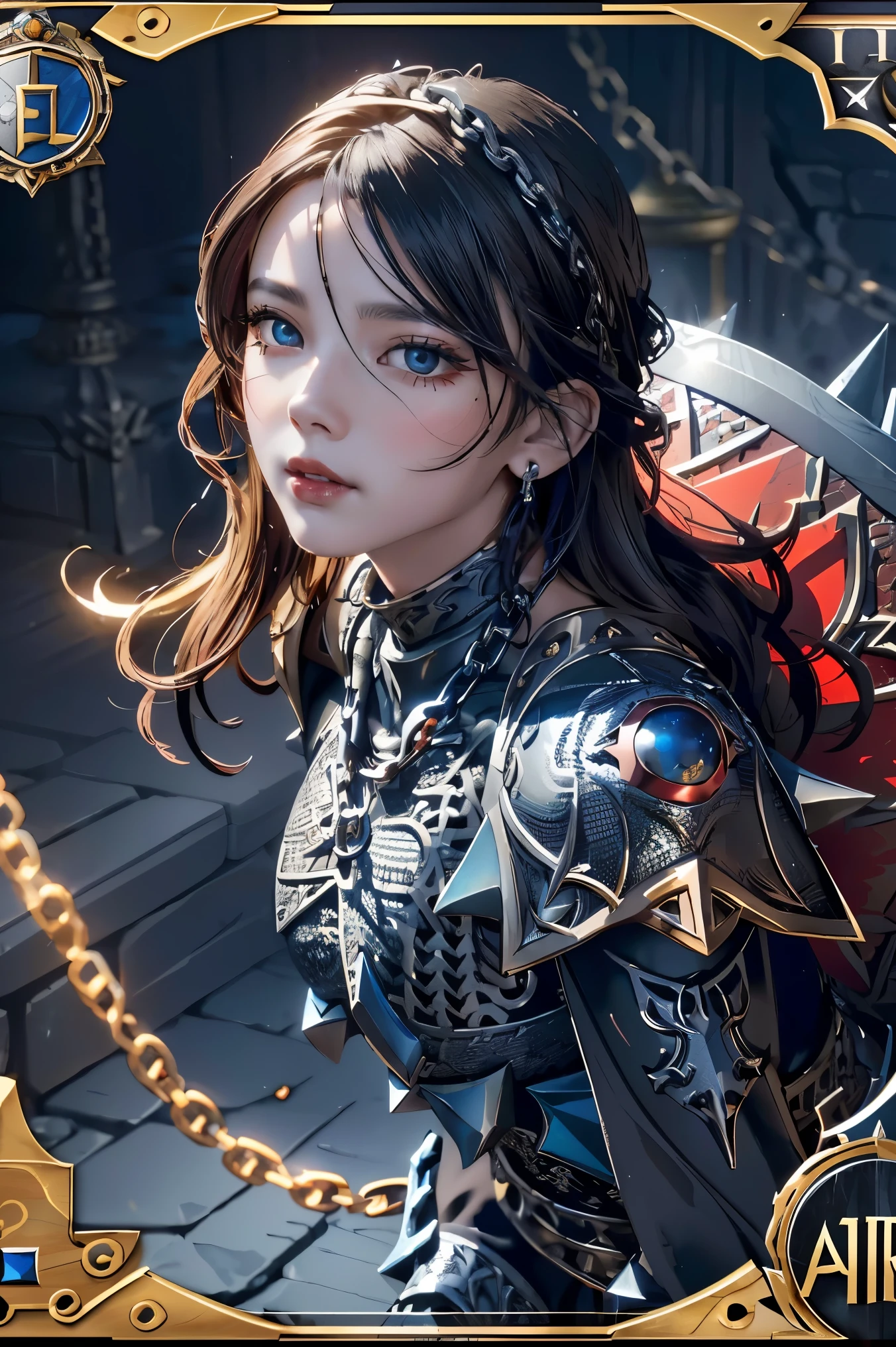 (masterpiece, best quality),  intricate details, 8k, artstation, wallpaper, official art, splash art, sharp focus,
1girl,  solo,  Aasimar \(Dungeon and Dragon setting\), black hair with blond at the highlight, bright blue left eye, and red right eye, ear pierces
,(Chain mail with Anvil emblem on it:1.3), ,wearing [armor|dress], 