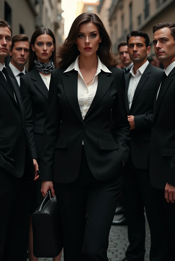 curvy mature woman sitting on luxury chair, wearing black suits and white shirts and black shoes, in the room of Mafia Boss