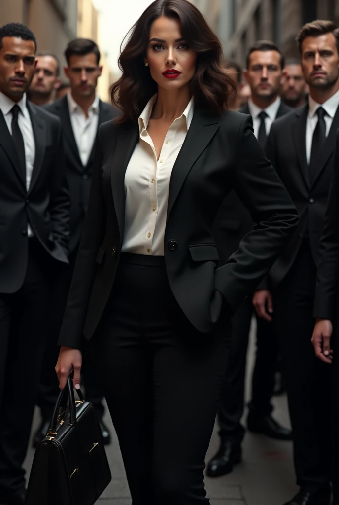 curvy mature woman sitting on luxury chair, wearing black suits and white shirts and black shoes, in the room of Mafia Boss