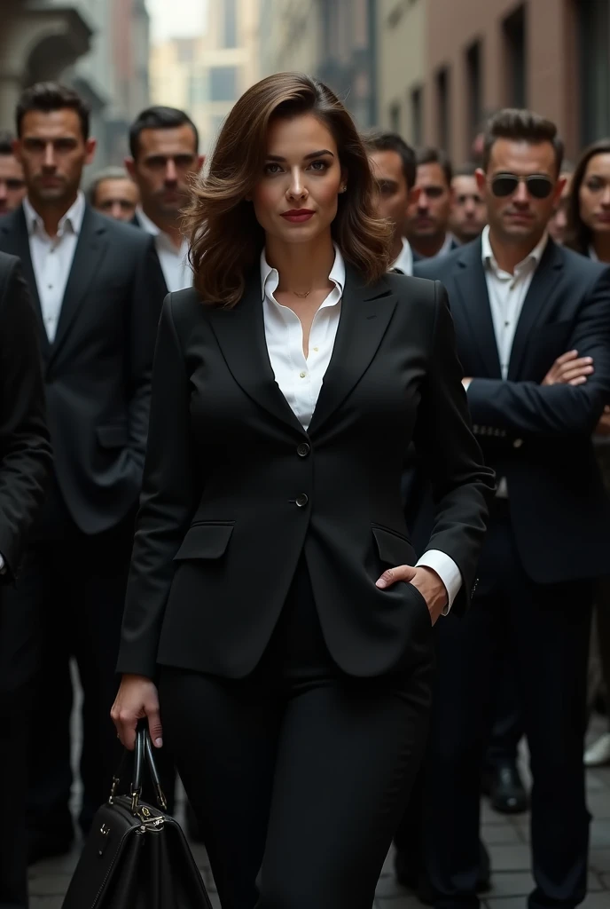 curvy mature woman sitting on luxury chair, wearing black suits and white shirts and black shoes, in the room of Mafia Boss