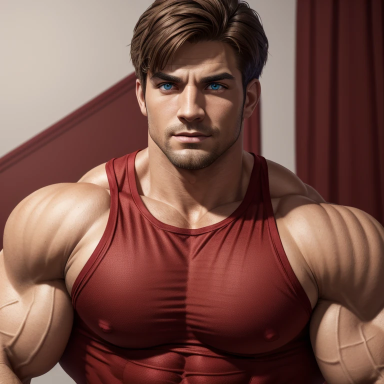 A muscular man wearing a red compression shirt, overly huge muscles, overly huge biceps, beautiful detailed eyes, beautiful detailed lips, extremely detailed eyes and face, longeyelashes, on a white background, (best quality,4k,8k,highres,masterpiece:1.2),ultra-detailed,(realistic,photorealistic,photo-realistic:1.37),HDR,UHD,studio lighting,ultra-fine painting,sharp focus,physically-based rendering,extreme detail description,professional,vivid colors,bokeh,portrait