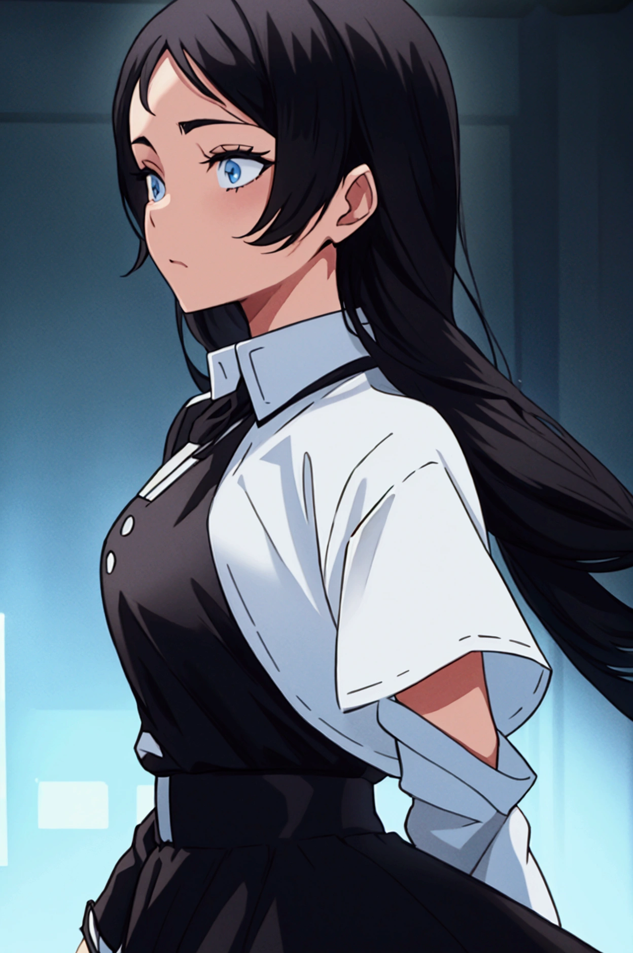 a girl black hair , white shirt  , mid long black skirt , blue backround 