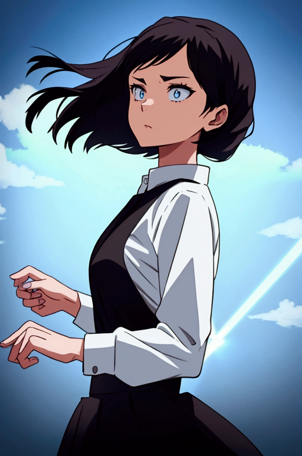 a girl black hair , white shirt  , mid long black skirt , blue backround 