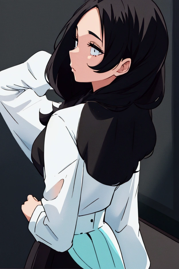 a girl black hair , white shirt  , mid long black skirt , blue backround 