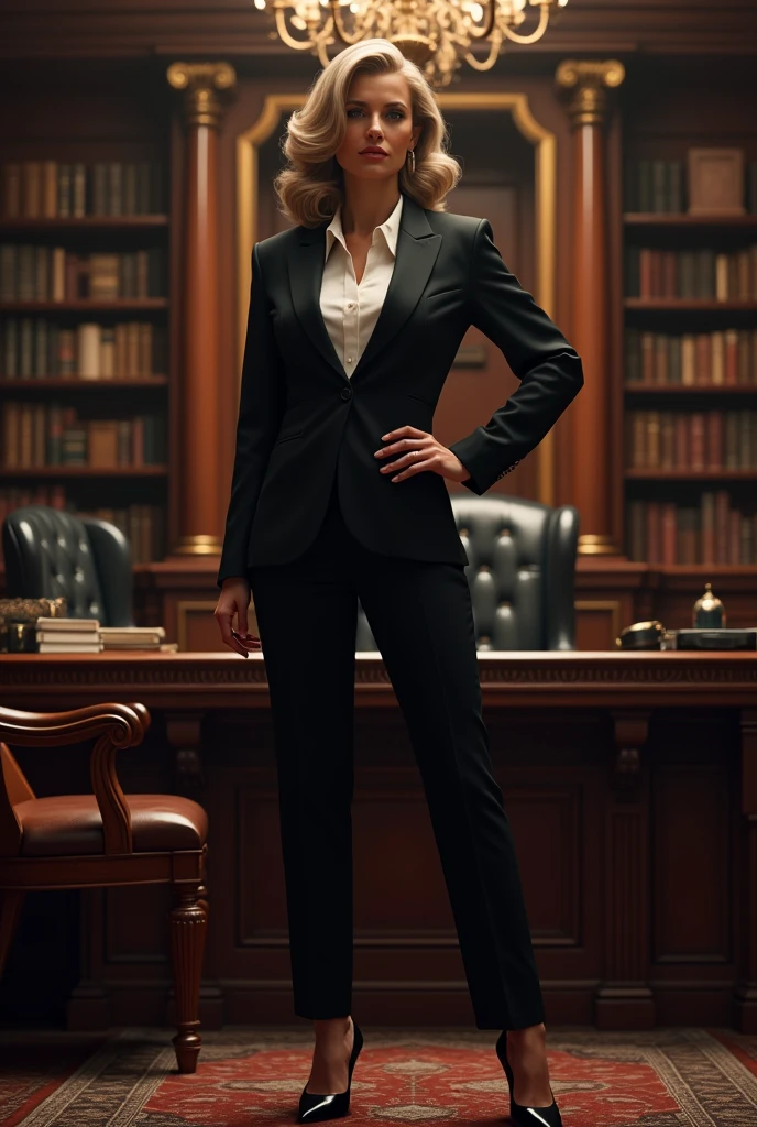 curvy mature woman sitting on luxury chair, wearing black suits and white shirts and black shoes, in the room of Mafia Boss