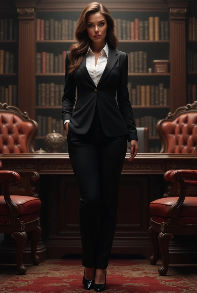 curvy mature woman sitting on luxury chair, wearing black suits and white shirts and black shoes, in the room of Mafia Boss