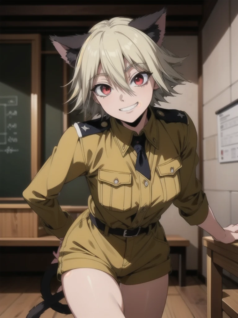 (red eyes:1.5), animal ears, hair between eyes, tail, blonde hair, HUSchrödinger, boy, Black cat ears, Yellow military uniform, tie, cat tail, curly hair, long sleeves, shorts, looking at viewer,indoors, classroom, (cowboy shot:1.5),
(masterpiece:1.2), best quality, high resolution, unity 8k wallpaper, (illustration:0.8), (beautiful detailed eyes:1.6), extremely detailed face, perfect lighting, extremely detailed CG, (perfect hands, perfect anatomy),grin,seductive model posing,