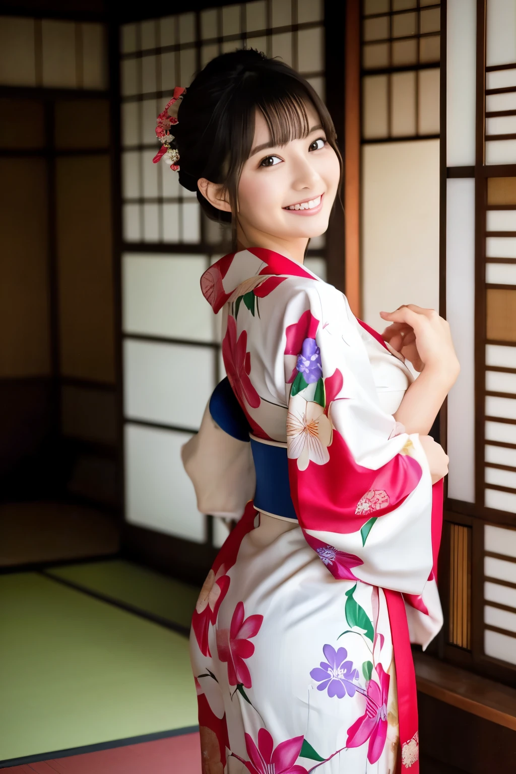 (Best-quality, Masterpiece, Ultra-High-Resolution, (Photorealistic:1.4), Raw Photo, depth of field, professional lighting, perfect anatomy, extremely details), 1girl, 15-years-old, the most famous Japanese idol, cowboy shot, dynamic pose, stick out butt, at Japanese-shrine, wearing Japanese-KIMONO with cute-design, extremely cute face, ((extremely cute big-eyes)), extremely cute hair, extremely cute skins, extremely cute long-eyelashes, extremely cute lips, looking at viewer, innocent smile, detailed Japanese-KIMONO, detailed Japanese-shrine