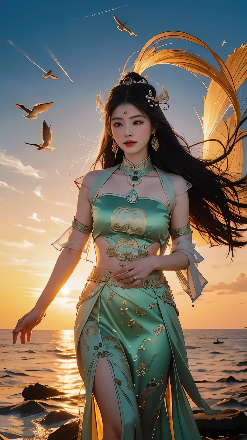 ancient chinese goddess, guanyin of the southern seas, guanyin, Inspired by India, Avalokiteşvara rides in Phoenix，,serene expressions,shui mo hua,Buddha,budista,lotuses,chinese painting style,Thangka style