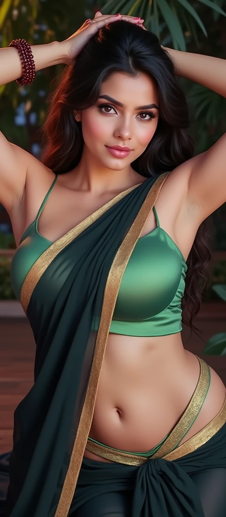 there is an indian woman, simple minimalist revealing green saree, (((no jewelry))), 8k wallpaper, city milf, city mom, ((1 person, 1 girl)), highquality, ((gigantic breasts)), choker around neck, 30yo, (short hair:1.2), floating hair NovaFrogStyle, messy hair, (((fair skin, extremely sweaty skin))), candid photograph, back profile, looking at the camera