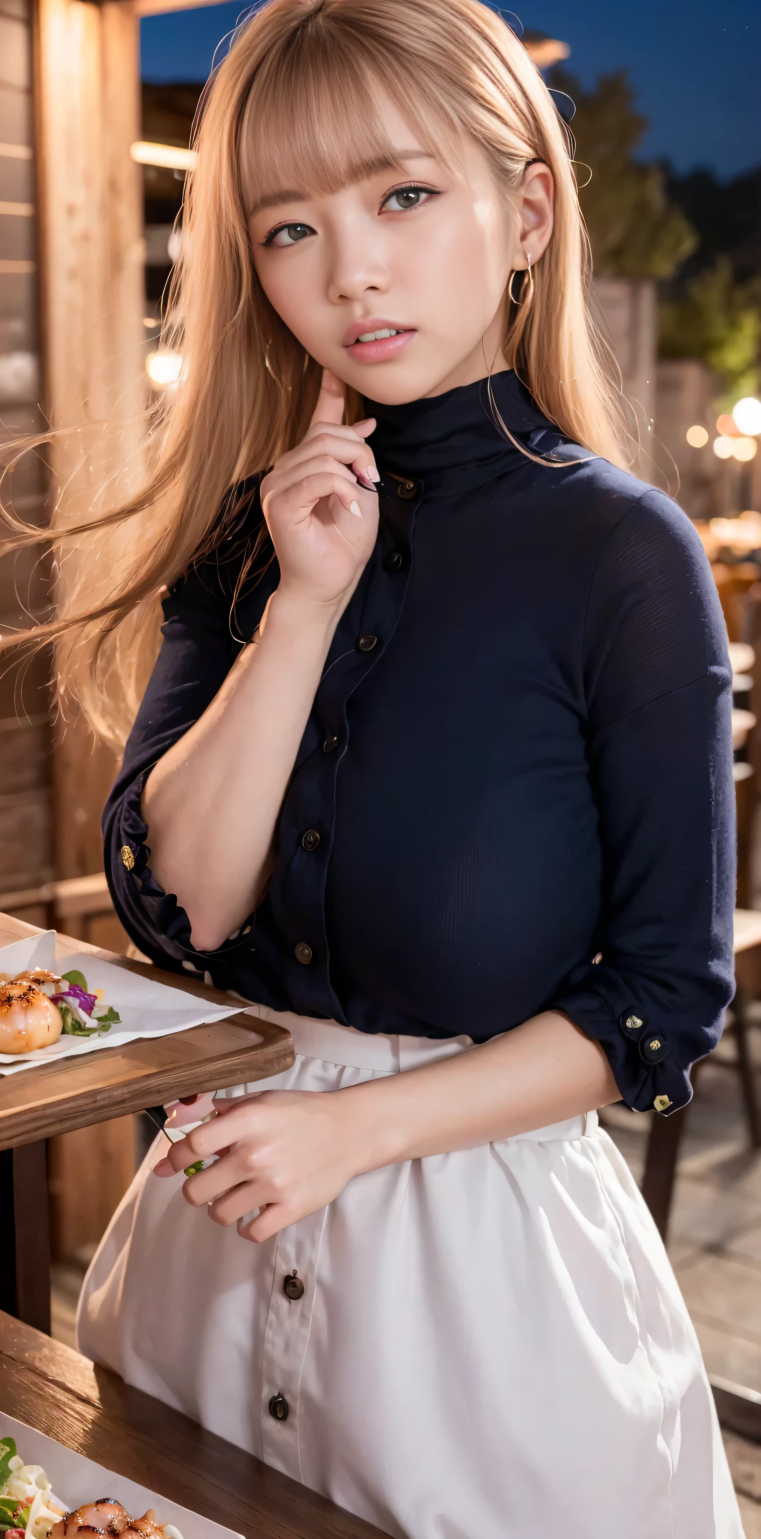 First Person View, (masterpiece:1.3), High resolution, Super detailed, Highly detailed CG Unity 8k wallpaper, Realistic, photo-Realistic, RAW Photos, beautiful detailed face, White skin, Realistic glistening skin, High-quality fabric, Hair texture is detailed, Perfect body, Beautiful Face, Accurate, Anatomically correct, Highly detailed face skin texture, Natural neck length, (beautiful hs), (White skin:1.2), Thin legs, Thin legs, Well-aligned teeth,
break,
Beautiful Eyes, Symmetrical eyes, Light brown eyes, double eyelid, Thin eyebrows, (Glossy lips:1.4), (Sleepy face:1.2), (:1.3),
break,
(classy cute girl:1.3), (Dress neatly (Light Purple) Button-down shirt:1.2), ((navy) Long skirt with irregular hem:1.2), Close button, (Long skirt),
Plump, Huge Big , Saggy breasts, (Slim figure:1.1), Strong Abs, Beautiful clavicle,
(Blonde, Wavy Hair, Long Hair:1.2), ((Asymmetrical bangs:1.2)),
break,
Chest on the table:1.5, (On the table, (There is yakitori, french fries, salad, 「Takoyaki」 ):1.2), (Sit in the chair opposite), ((put your elbows On the table、Gently lift your chin:1.3)),
(in the outdoor 'Biergarten' of Japan at night)), (night), (night), (night), (Upper Body:1.2), Looking at the audience, From before,