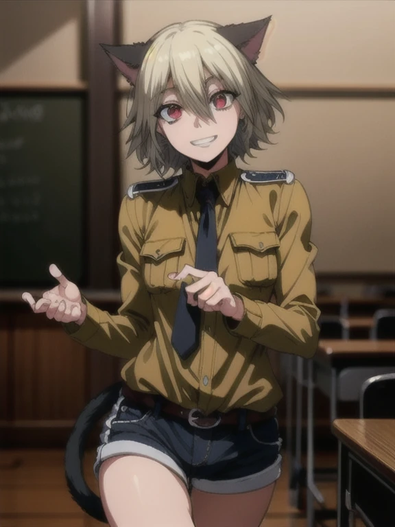 (red eyes:1.5), animal ears, hair between eyes, tail, blonde hair, HUSchrödinger, boy, Black cat ears, Yellow military uniform, tie, cat tail, curly hair, long sleeves, shorts, looking at viewer,indoors, classroom, (cowboy shot:1.5),
(masterpiece:1.2), best quality, high resolution, unity 8k wallpaper, (illustration:0.8), (beautiful detailed eyes:1.6), extremely detailed face, perfect lighting, extremely detailed CG, (perfect hands, perfect anatomy),grin,seductive model posing,