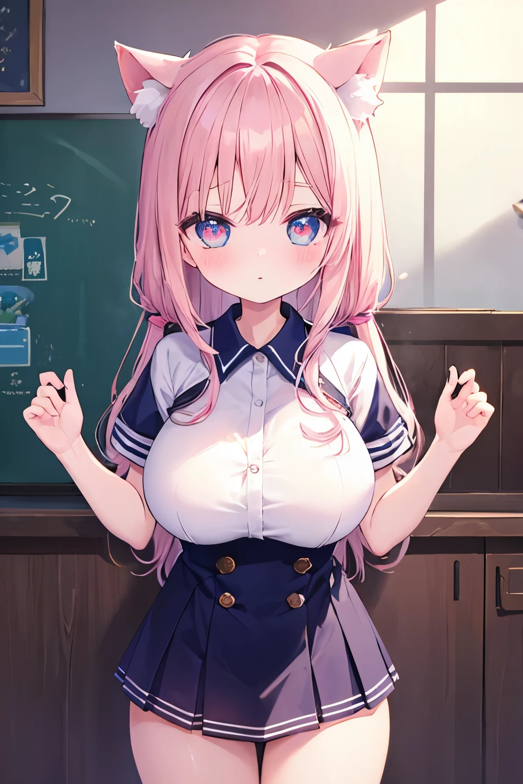 Navy Uniform、Elementary school girl、Light pink hair,Very beautiful and Shining Eyes、Shining Eyes、1 girl、Large Breasts、cat ears、((((()))))、heart❤、((sweat、vapor)）