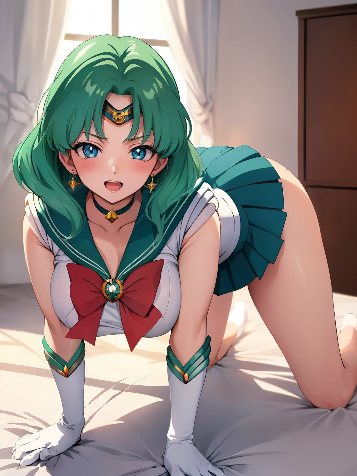 (anime:1.5), best quality, masterpiece,
1boy,1girl, sailor neptune, mature woman, aged up,medium breasts, aqua eyes, dark green hair, medium hair, (sailor senshi uniform:1.4), back bow, plead skirt, looking at viewer,blush, smile,Open your mouth a little,round face, upper body, Neck choker, Circlet, Elbow-length white gloves, in the bedroom,(Spread your legs:1.3),(on all fours :1.2),cowboy shot, Leaning forward, (Big Boobs:1.2) ,