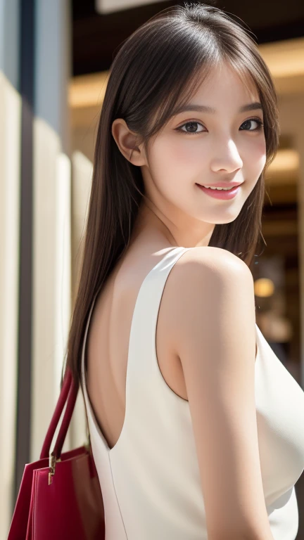 12 years old , 1 Girl,, Off the shoulder, smile, Summer Afternoon、Tank top、Extremely short skirt、healthy、Active、Play、Vibrant、Round face、slender、素敵なsmile、Delicate skin type、Looking up、Thick lips、Slit eyes、Slanted Eyes、Blushing、Belly button、Full body shot、barefoot、Back view、Turn around、Booty Pose