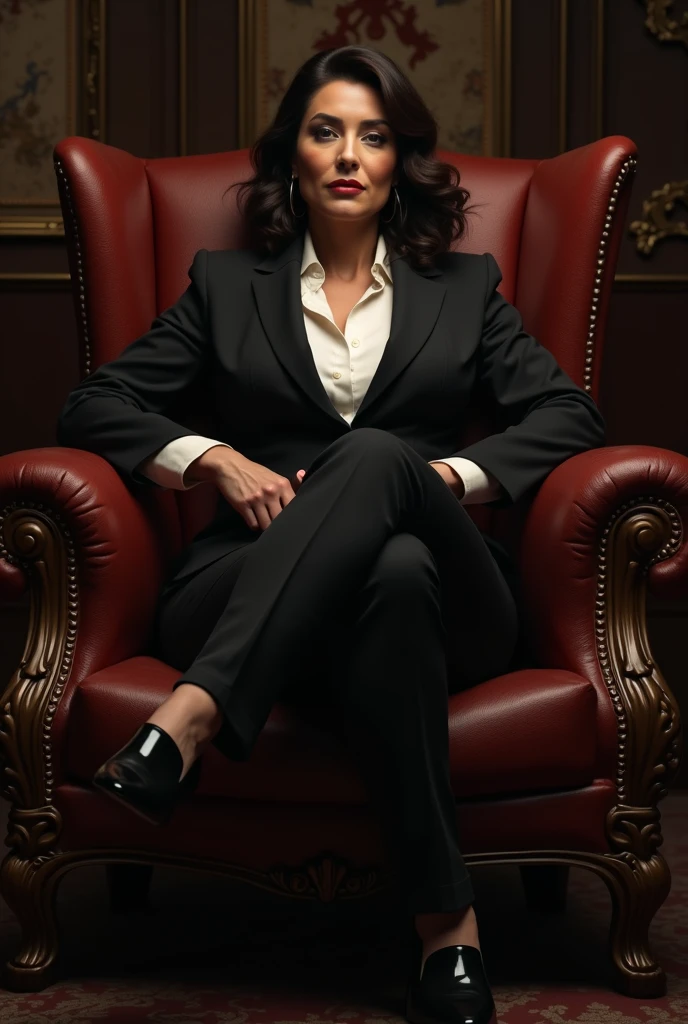 curvy mature woman sitting on luxury chair, wearing black suits and white shirts and black shoes, in the room of Mafia Boss