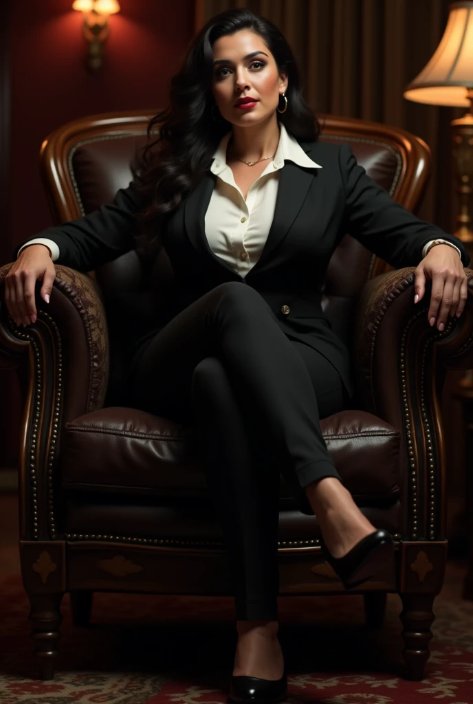 curvy mature woman sitting on luxury chair, wearing black suits and white shirts and black shoes, in the room of Mafia Boss