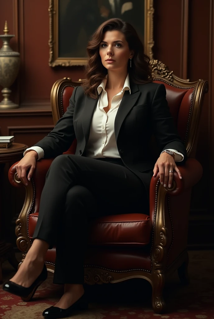 curvy mature woman sitting on luxury chair, wearing black suits and white shirts and black shoes, in the room of Mafia Boss