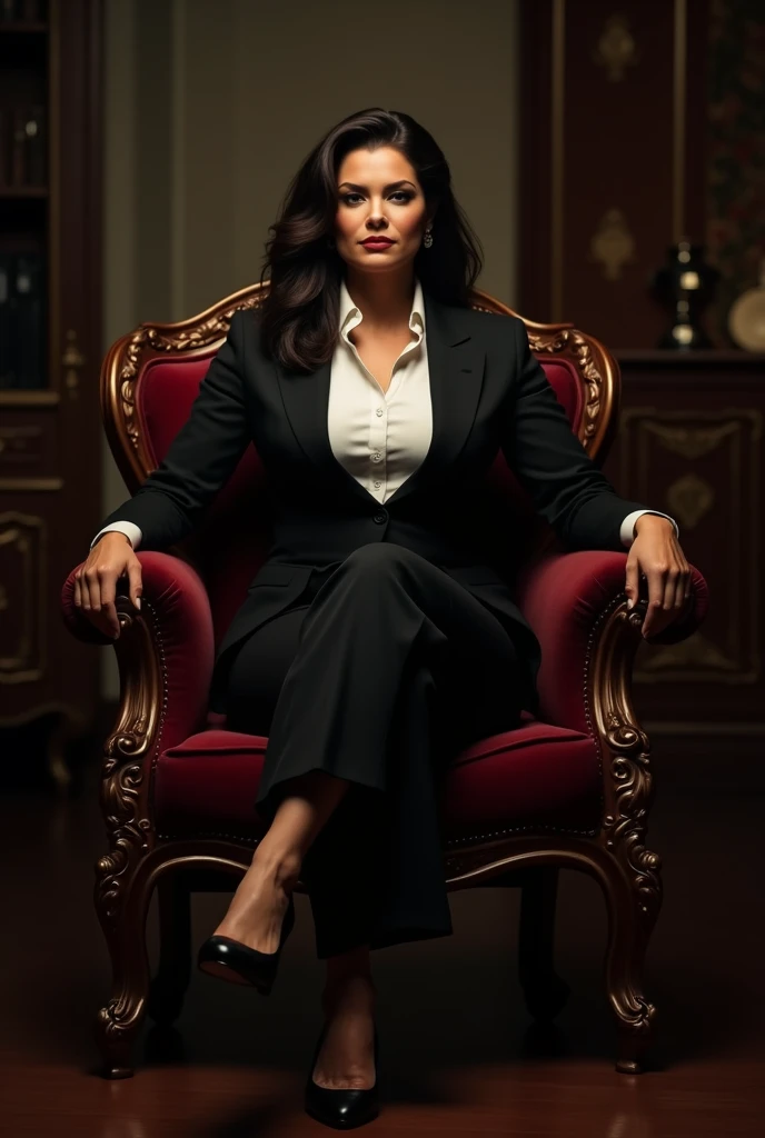 curvy mature woman sitting on luxury chair, wearing black suits and white shirts and black shoes, in the room of Mafia Boss