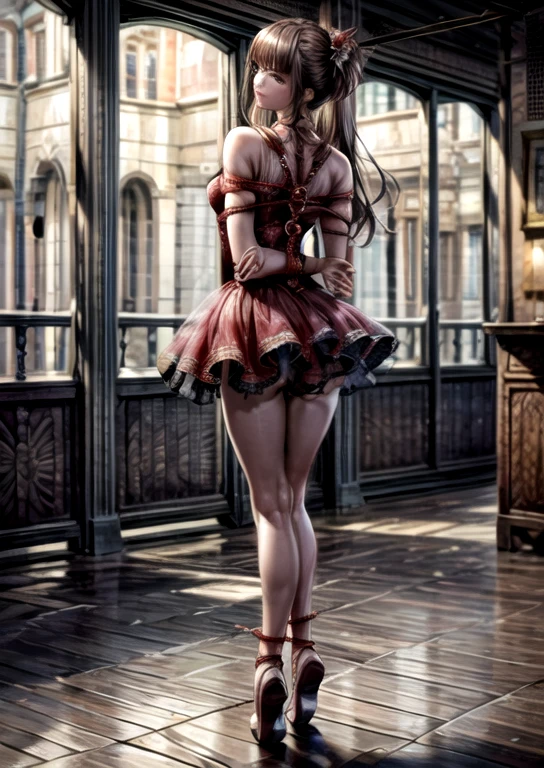 masterpiece,photorealistic,intricate details,from behind,looking at viewer,
indoors,
1girl,perfect face,perfect eyes,full body,standing,
((arms behind back)),bondage,shibari,bound arms,red clothes,wearing ballet dress,wearing tutu,ballet pose,ballet corp,
