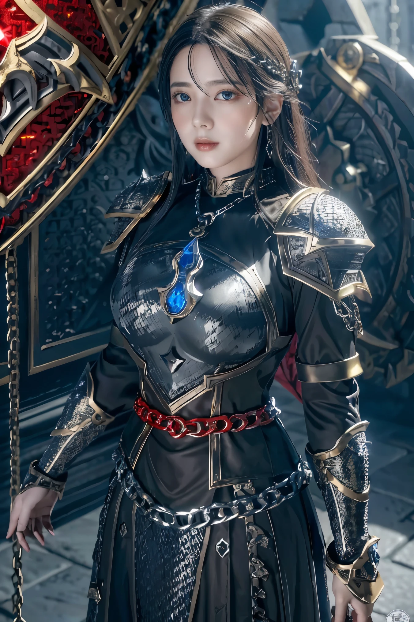 (masterpiece, best quality),  intricate details, 8k, artstation, wallpaper, official art, splash art, sharp focus,
1girl,  solo,  Aasimar \(Dungeon and Dragon setting\), black hair with blond at the highlight, bright blue left eye, and red right eye, ear pierces
,(Chain mail with Anvil emblem on it:1.3), ,wearing [armor|dress], 