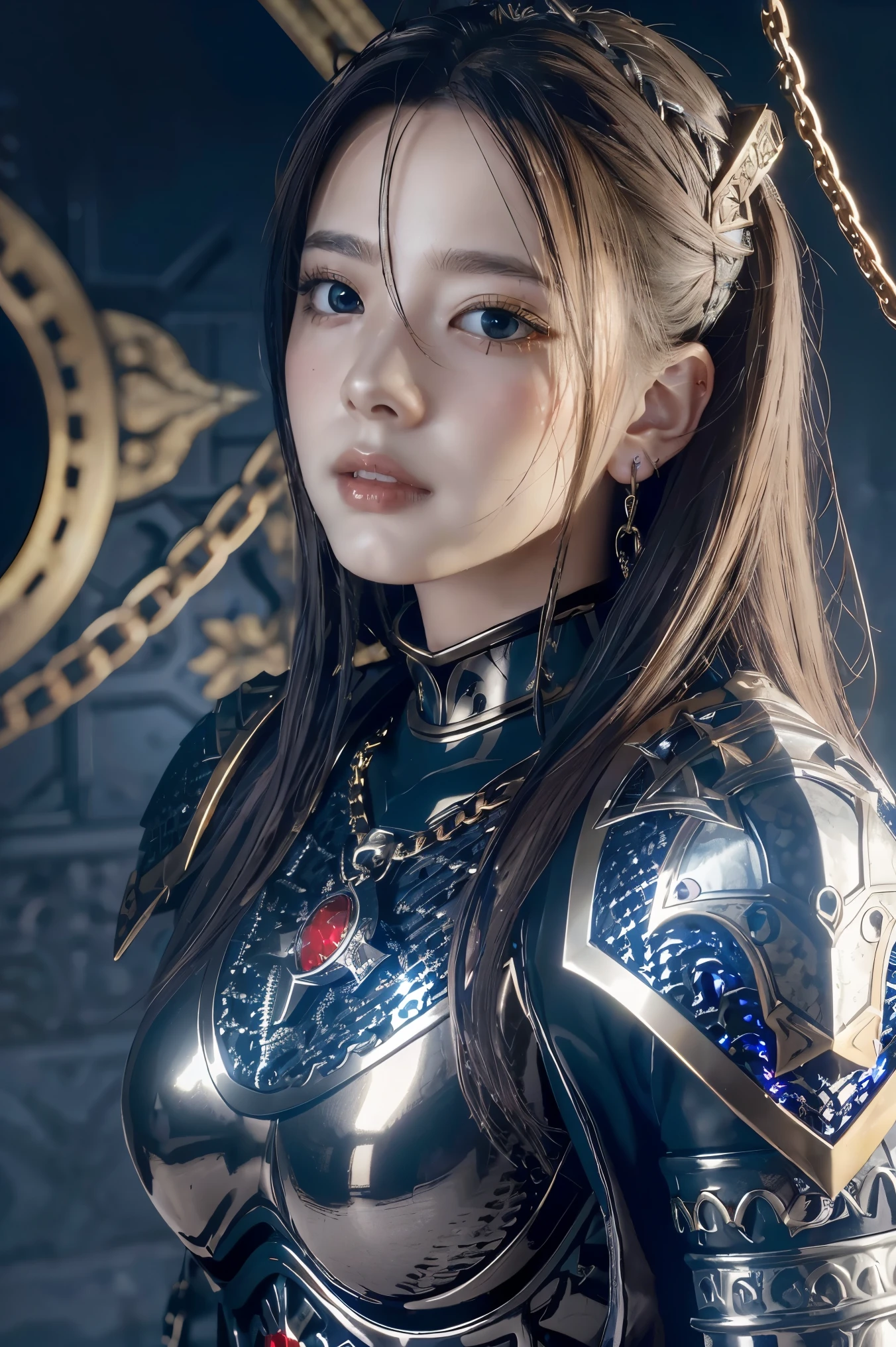 (masterpiece, best quality),  intricate details, 8k, artstation, wallpaper, official art, splash art, sharp focus,
1girl,  solo,  Aasimar \(Dungeon and Dragon setting\), black hair with blond at the highlight, bright blue left eye, and red right eye, ear pierces
,(Chain mail with Anvil emblem on it:1.3), ,wearing [armor|dress], 