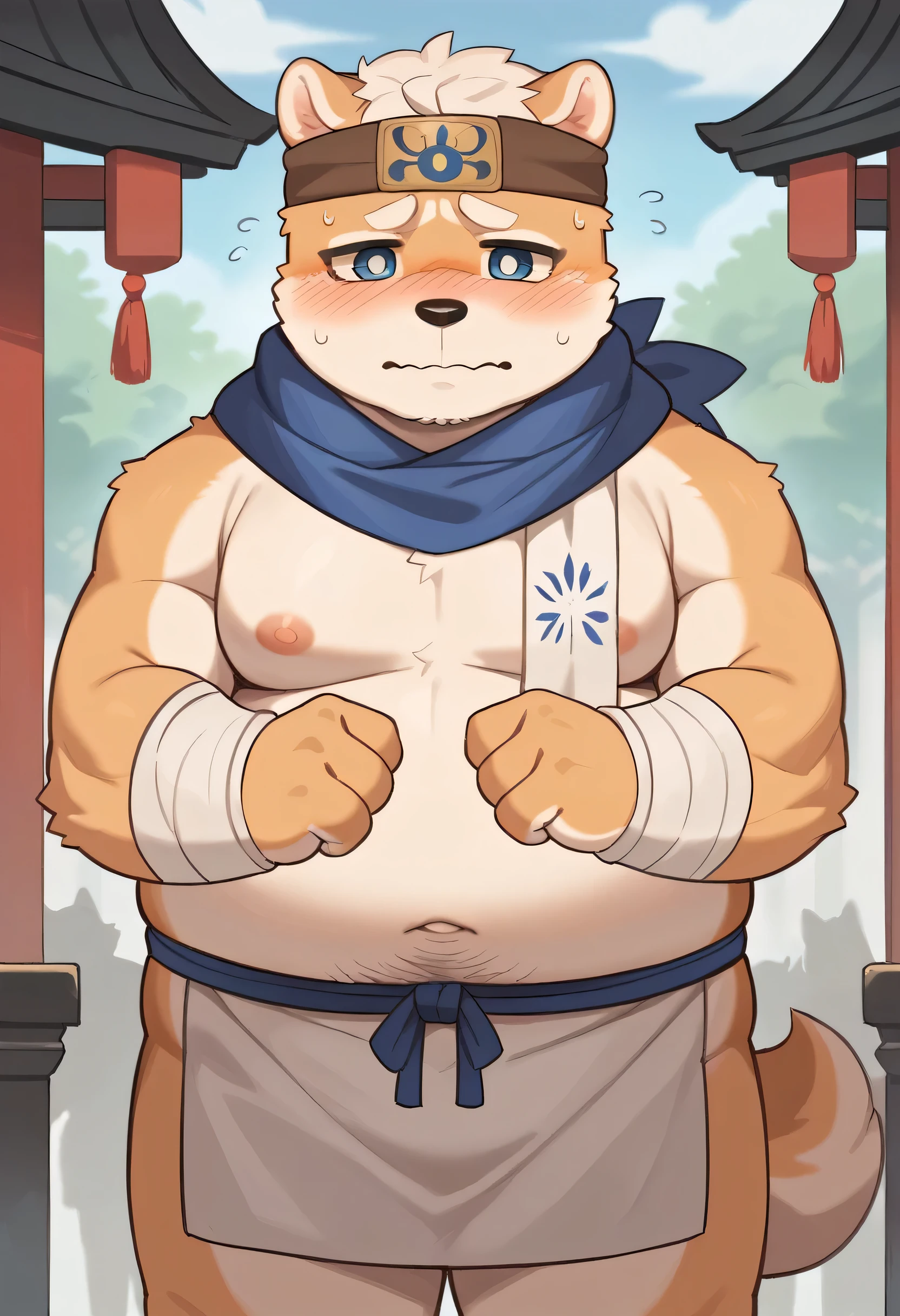 1boy,(masterpiece),(Very detailed),(best quality),hairy,Shiba Inu,furry,white hair,Gray pupil,Chubby,(Poor),(Japan samurai attire),((blue scarf)),((Brown headband)),(blush:1.1),((shy)),Nervous and shy expression,Temple Background,8k,(high quality),(Ultra high quality),(Super detailed),(Best Works)