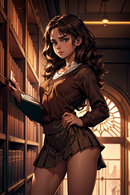 1girl, ****, young face, slender body, small breasts, buttocks, hips, thighs,,
Hermione with wavy brown hair, dressed in a Gryffindor-inspired outfit, pleated skirt, white panty, standing in front of a massive bookshelf in a dimly lit library, choosing a book from the top shelf with determination.