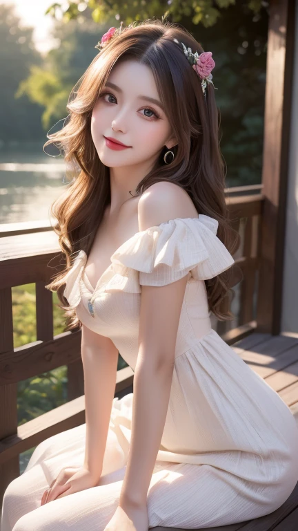 1 girl, hairpins, earrings, jewelry, brown hair, looking at the audience, lips, playful, sitting in front of the drawing board, painting, thighs, whole body, in a sea of flowers or on the beach, she is wearing a white long dress, slightly sideways face, hands caressing long hair, gentle eyes, smiling, as if admiring the beauty of nature, such a photo will definitely make people feel her beautiful and innocent atmosphere. The tone of the photo can be predominantly natural, biased towards bright and soft, making people feel warm and serene. It seems to be dancing in harmony with its surroundings. Her breath is full of vitality and vitality, as if her whole body is venting the energy of youth. The whole picture is made more vivid by her presence, making people feel endless joy and vitality.