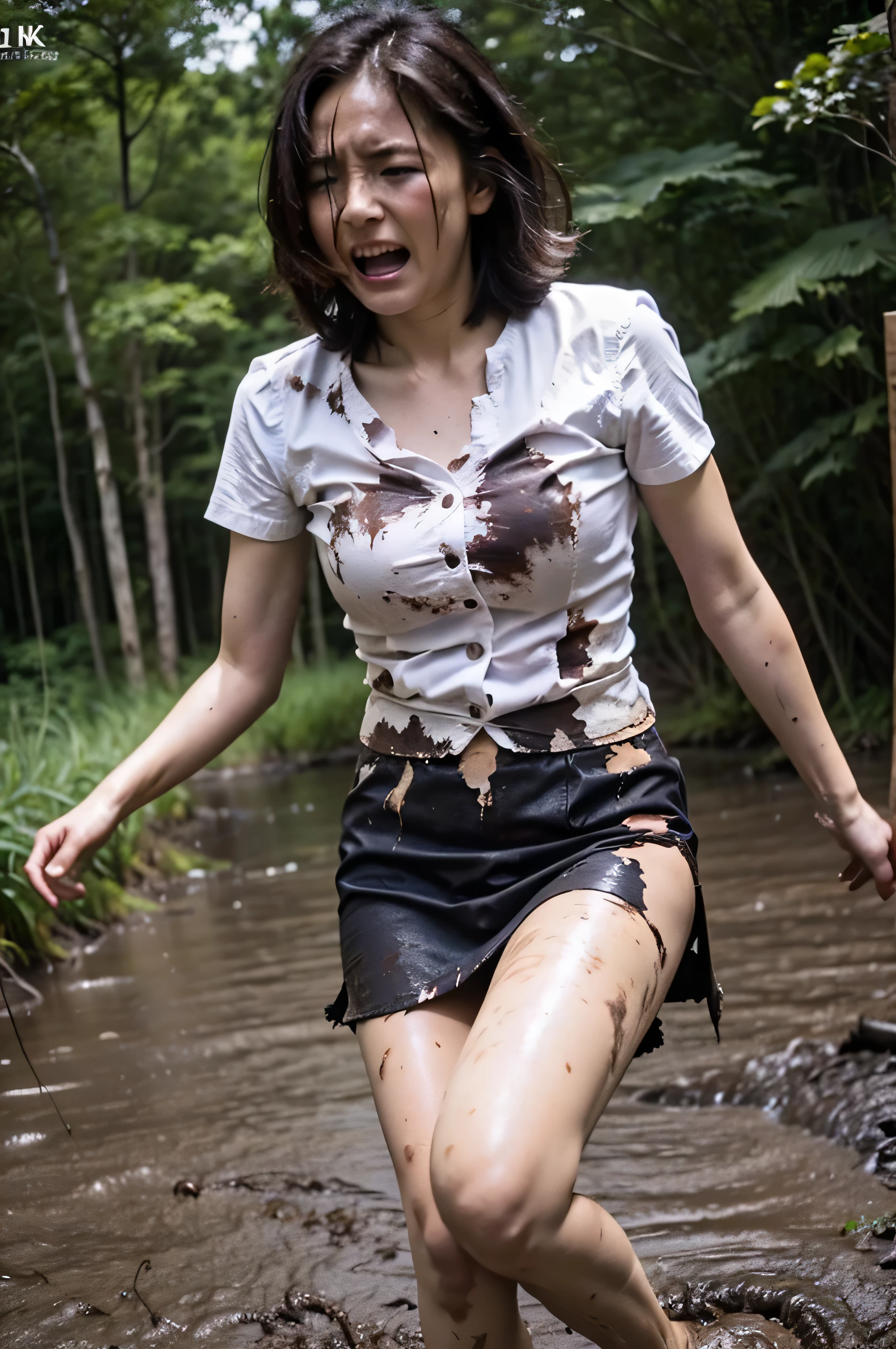 (highest quality, 4K. photograph, Fine:1.4), (A Japanese half-naked business woman covered in mud), 1 pretty girl, very cute, summer, Crying loudly, Torn in tattered tight skirt, Muddy and tattered white short-sleeved shirt, Exposing chest, Very beautiful face, Exposing Thighs, (A tattered and dirty tight skirt), covering her chest with her arms, She is crying because she is embarrassed, Heavily tattered and muddy white shirt, Mountain trail, Walking while crying, jungle, Muddy
