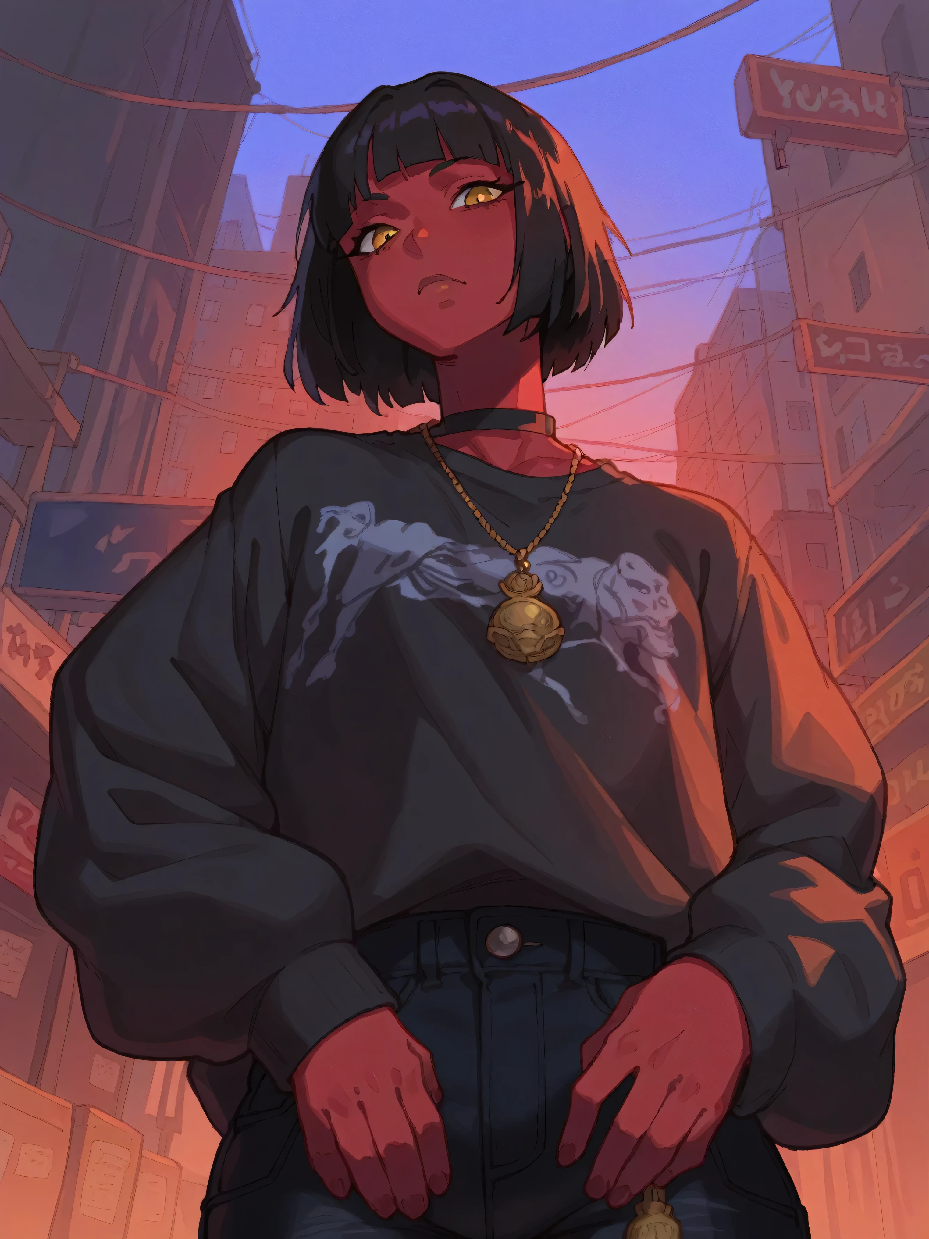 Animated series style ,Yukinobu Tatsu style,ung woman, average and athletic build, 1m75 tall,red skin,average musculature, short black hair cut in a bob, amber eyes, hip hop streetwear clothing style,black baggy slim jeans, illustration , street in background,