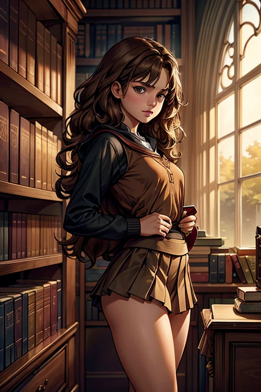 1girl, 11yo, young face, slender body, small breasts, buttocks, hips, thighs, buttcheeks,
Hermione with wavy brown hair, dressed in a Gryffindor-inspired outfit, pleated skirt, white panty, standing in front of a massive bookshelf in a dimly lit library, choosing a book from the top shelf with determination.