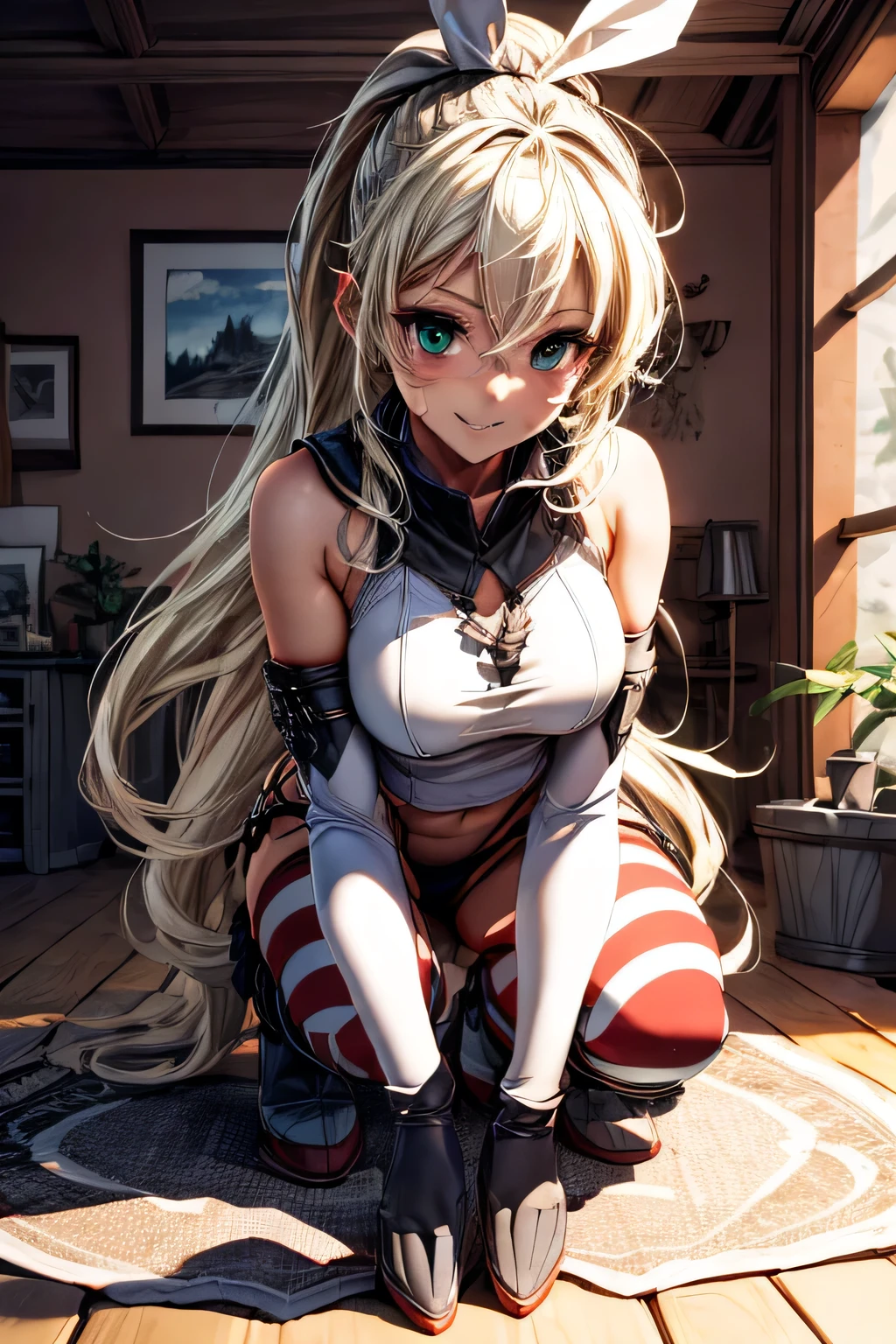 (Highly detailed CG Unity 4k wallpaper),(masterpiece),(Best Quality),(Super detailed),(Best Illustration),(Best Shadow),(Absurd),(Detailed Background), Blonde long hair (ponytail), green eyes, Daisy Dukes, smile, boots, farm, Island Breeze　