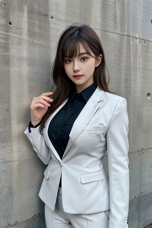 ((best quality)), photorealistic, photorealism, Photorealistic, high resolution, Beautiful, , 20 Years Old, Whitkin, pale skin, thick body, Combat pose, ((Detailed face)), short hair, ((wearing business suit, shirt, formal suit, blazer, black trouser)), Fingers are occluded, ((detailed fingers)), concrete wall background, murall grafity wall, front angle, half body close up