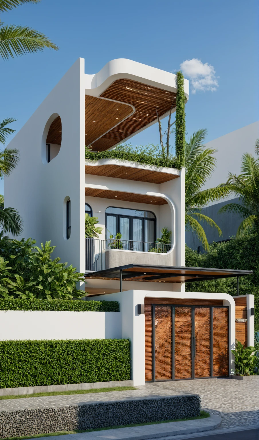 A high and narrow 3-storey house with a modern design, featuring a steel gate and wooden details. The exterior is painted white and the front wall has many curves. The house has windows on all sides, and a (wooden ceiling:1.2). The materials include black steel and wood. The 1st floor has trees growing in the middle columns, surrounded by tropical vegetation. The scene is captured from a 24mm angular view, with soft, natural lighting highlighting the textures and materials, casting gentle shadows that accentuate the curves of the front wall and the wooden details.