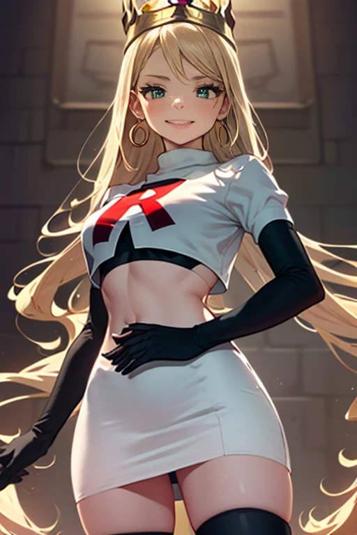 celinefe, celinecrown ,glossy lips, light makeup, eye shadow, earrings ,team rocket,team rocket uniform, red letter R, white skirt,white crop top,black thigh-high boots, black elbow gloves, evil smile, looking down on viewer, arms crossed