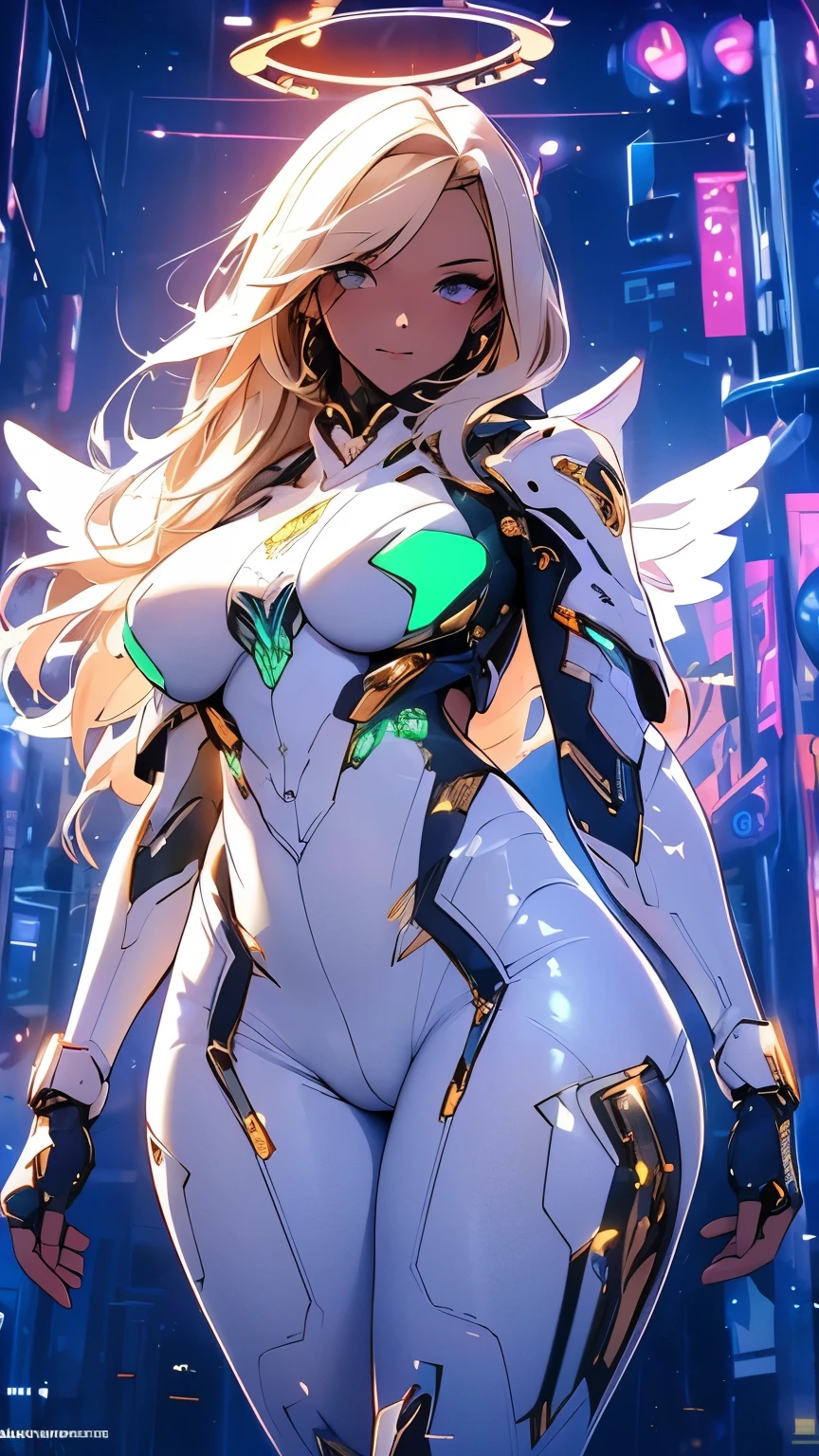 A woman in a white suit with wings and a halo on her head - SeaArt AI