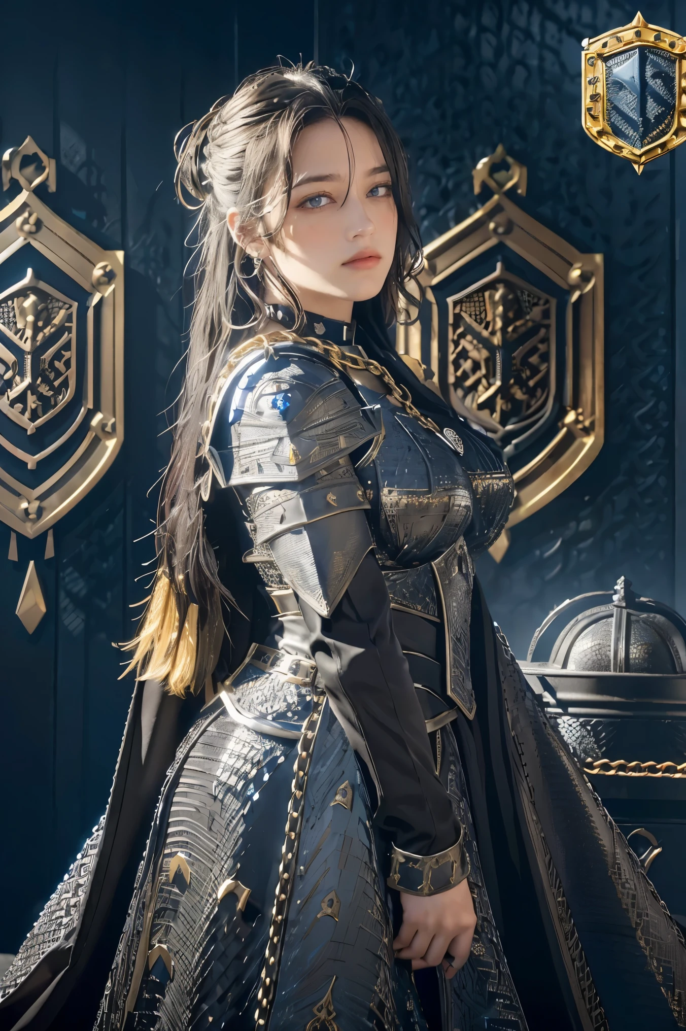 (masterpiece, best quality), intricate details, 8k, artstation, wallpaper, official art, splash art, sharp focus, 1girl, solo, Aasimar \(Dungeon and Dragon setting\), black hair with blond at the highlight, bright blue left eye, and red right eye, ear pierces ,(Chain mail with Anvil emblem on it:1.3), ,wearing [armor|dress],