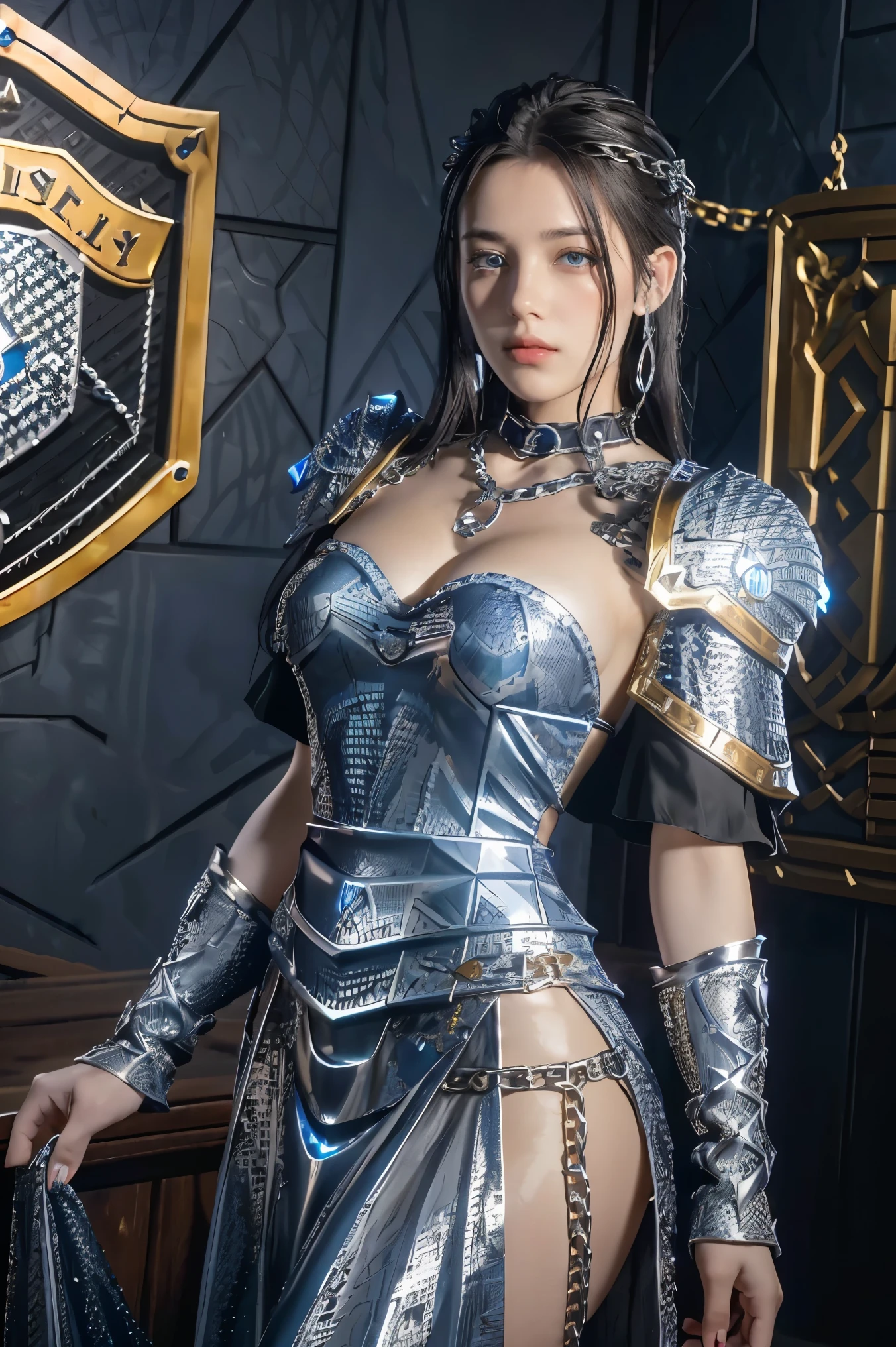 (masterpiece, best quality), intricate details, 8k, artstation, wallpaper, official art, splash art, sharp focus, 1girl, solo, Aasimar \(Dungeon and Dragon setting\), black hair with blond at the highlight, bright blue left eye, and red right eye, ear pierces ,(Chain mail with Anvil emblem on it:1.3), ,wearing [armor|dress],