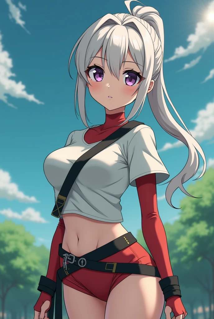 (masterpiece, best quality, ultra detailed, absurdres:1.5), 1girl, (sexy, beautiful woman, perfect face, perfect eyes, perfect female body, medium breasts:1.5), (white shirt, long hair, gray hair, cat ears, necklace, yellow waist cape, detached sleeves, black miniskirt, (white thighhighs:1.3), cat tail, black gloves, <lora:Suphia:0.7>, <lora:NSFWFilter:-1>), (standing, outdoors, forest), perfect lighting, smooth, hdr