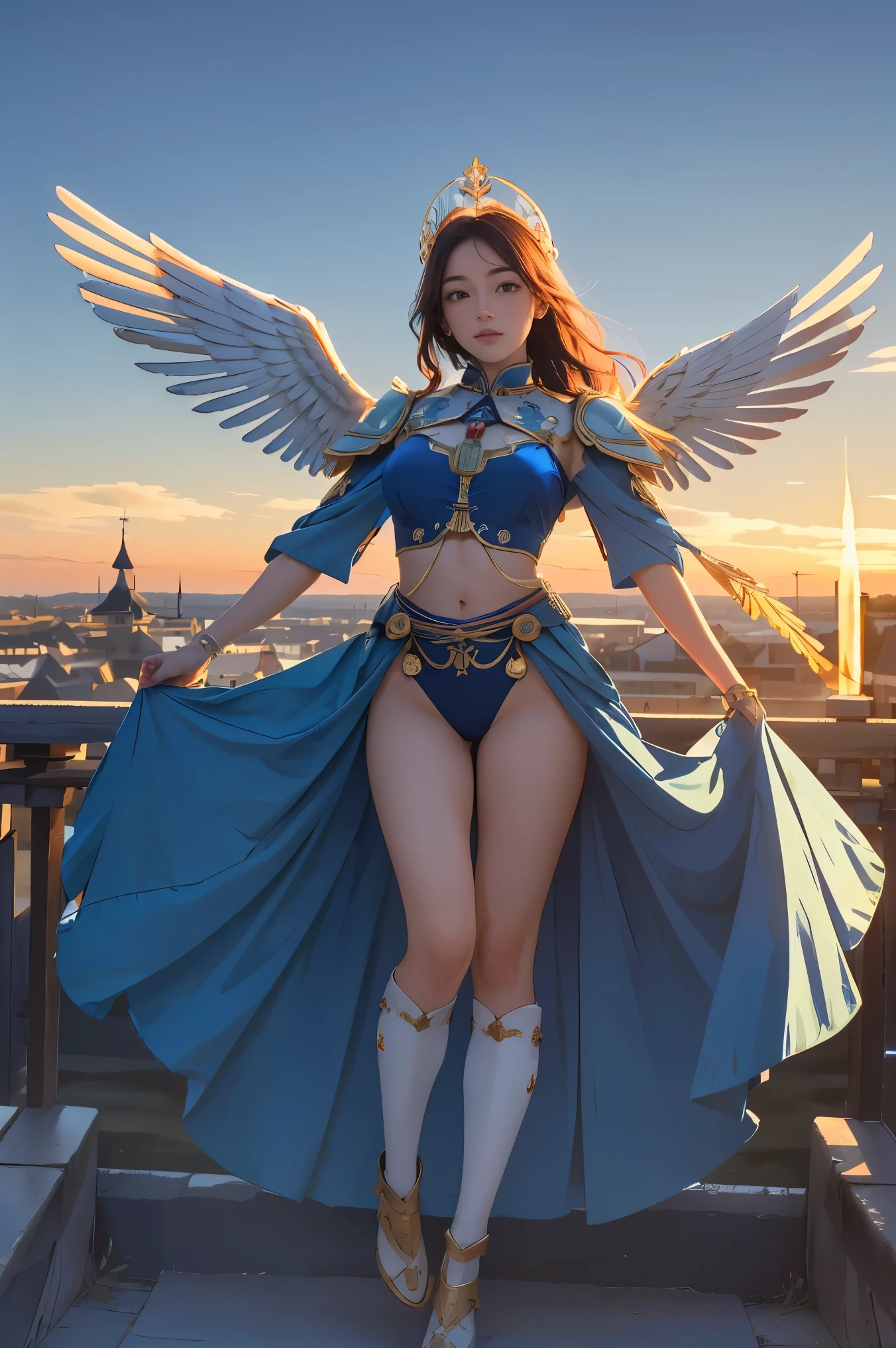 (masterpiece, highest quality, Realistic photos), ((Angel floating in the air;1.4)), A very cute Japanese woman, A complex copper and brass mechanical armor with a Hawk and eagle motif., Beautiful big angel wings, (The wings are symmetrically paired;1.5), ((Carrying an aura of bright blue flame)), White tone, A little bit of blue and red and yellow accents, Angel falling from the sky, floating in the sky, Extremely intricate details, Posing on the medieval castle walls at sunset, Long Shot, narrow body, hourglass body, medium breasts, thin waist, flat belly, Thin and beautiful thighs, beautiful legs,