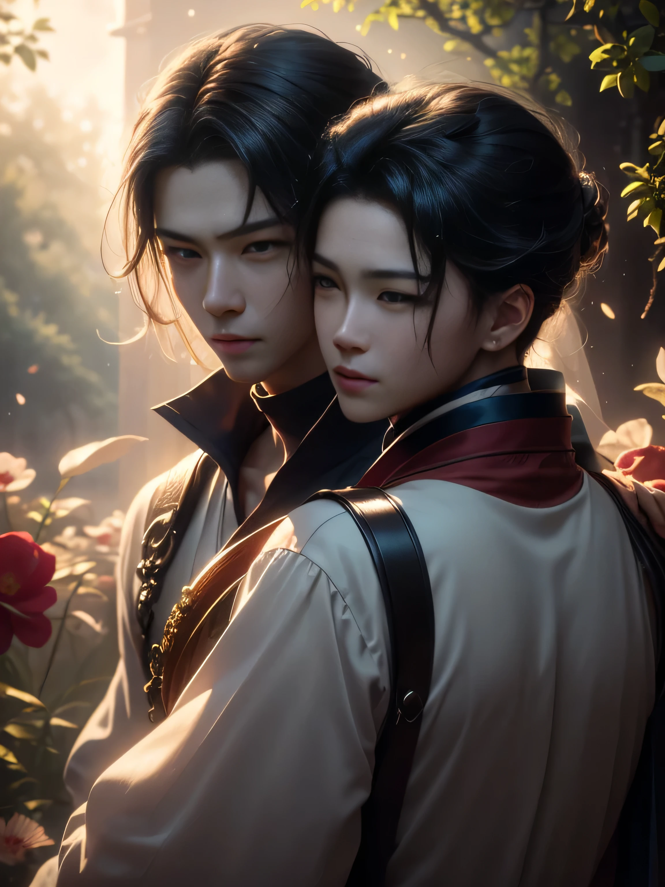 (Best Quality, Super Detail, Masterpiece, Representative Work, Official Art, Professional, Super Fine Detail, 8k:1.3), (photorealism:1.2), (Couple, Beautiful Girl and Boy), A couple in the sea of flowers, Handsome guy hugs beautiful girl from behind, Smiling and Wearing White Clothes, Delicate Hair, Ancient Chinese Beauty and Handsome Man, Wearing Ancient Chinese Clothes, Flowing Tulle, Light Silk, Create a movie poster similar to those used in Chinese romantic fantasy dramas, Perfect face, perfect hands, Sweet atmosphere, Photorealistic, Sharp Focus, Dreamy Atmosphere, Delicate Details, Soft Volumetric Light, (Backlight:1.3), (Cinematic:1.2), Intricate Details, (ArtStation:1.3)