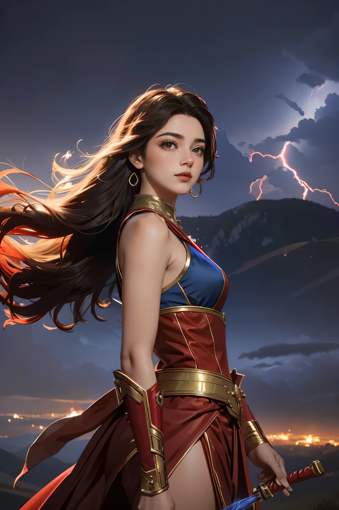  a woman in a red and blue outfit holding a sword, maya ali as a lightning mage, irelia, style artgerm, extremely detailed artgerm, maya ali as a storm sorcerer, maya ali as a wind mage, ig model | artgerm, artgerm lau, heise jinyao