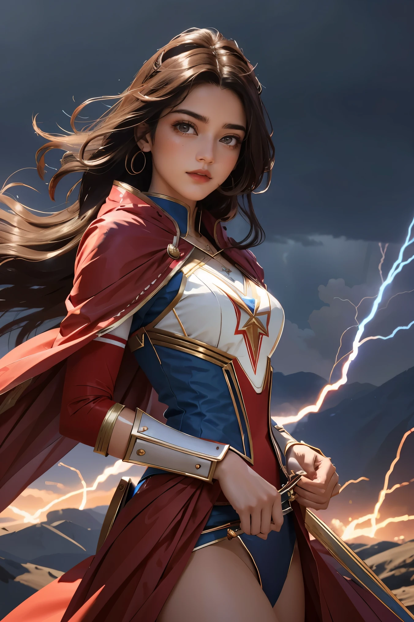  a woman in a red and blue outfit holding a sword, maya ali as a lightning mage, irelia, style artgerm, extremely detailed artgerm, maya ali as a storm sorcerer, maya ali as a wind mage, ig model | artgerm, artgerm lau, heise jinyao